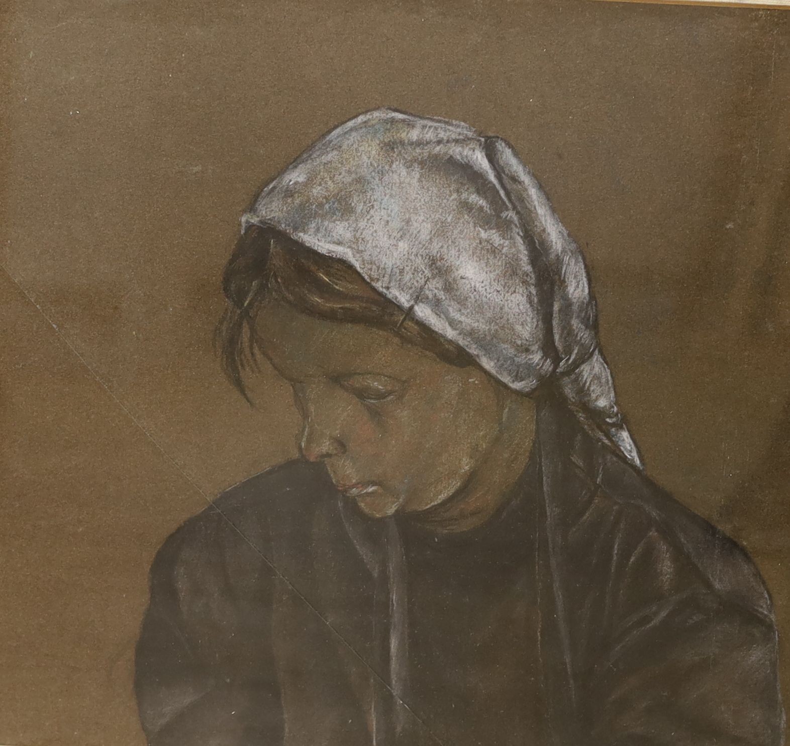 Continental School, pastel on brown paper, Study of a woman wearing a head scarf, 33 x 37cm and a late Victorian drawing of a child artist, 38 x 32cm